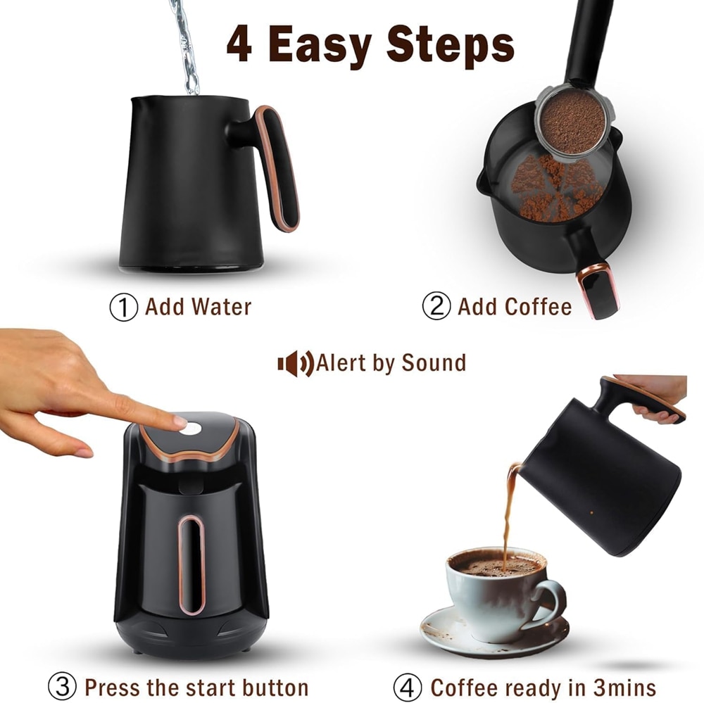 Cafetiera electrica, aparat cafea greceasca, 600W, 300ml pentru 4 cesti, anticurgere, maner ergonomic, pentru cafea greceasca, espresso si ceai.Convenabil si rentabil, usor de utilizat, rezistent la rugina si pete.material ABS, Priza EU. Negru