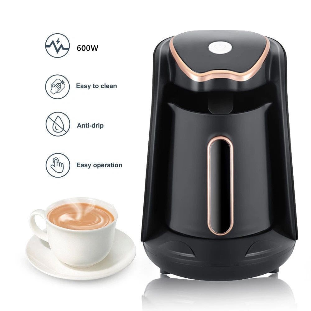 Cafetiera electrica, aparat cafea greceasca, 600W, 300ml pentru 4 cesti, anticurgere, maner ergonomic, pentru cafea greceasca, espresso si ceai.Convenabil si rentabil, usor de utilizat, rezistent la rugina si pete.material ABS, Priza EU. Negru