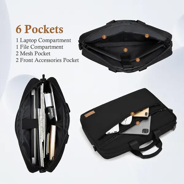 Geanta laptop din material rezistent la apa, convertibila tote si messenger, IZO-CJ-K0502-20260803-2885, negru, 15,6 inch (compartiment 37,8 x 27 x 5 cm)