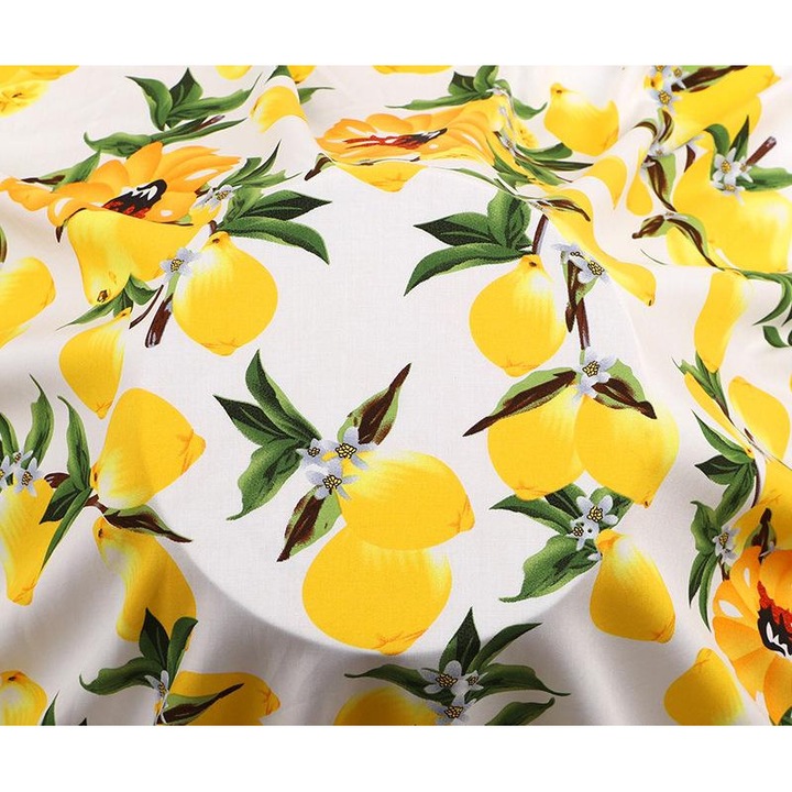 Material textil rayon, 143cm latime, moale, respirabil, galben cu imprimeu floral, 2x143cm