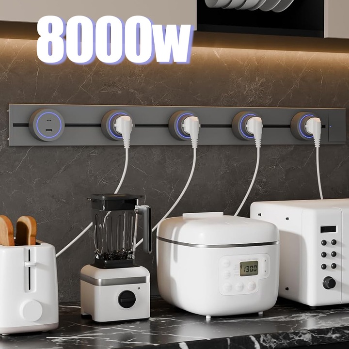 Sistem Priza Mobila pe Sina Modulara, Hompany®, 8000W, Lungime 80cm, Include 4 Adaptoare + 1xUSB-C/A, Montaj Perete/Blat, Pentru Birou, Bucatarie, Living, Aluminiu, Gri