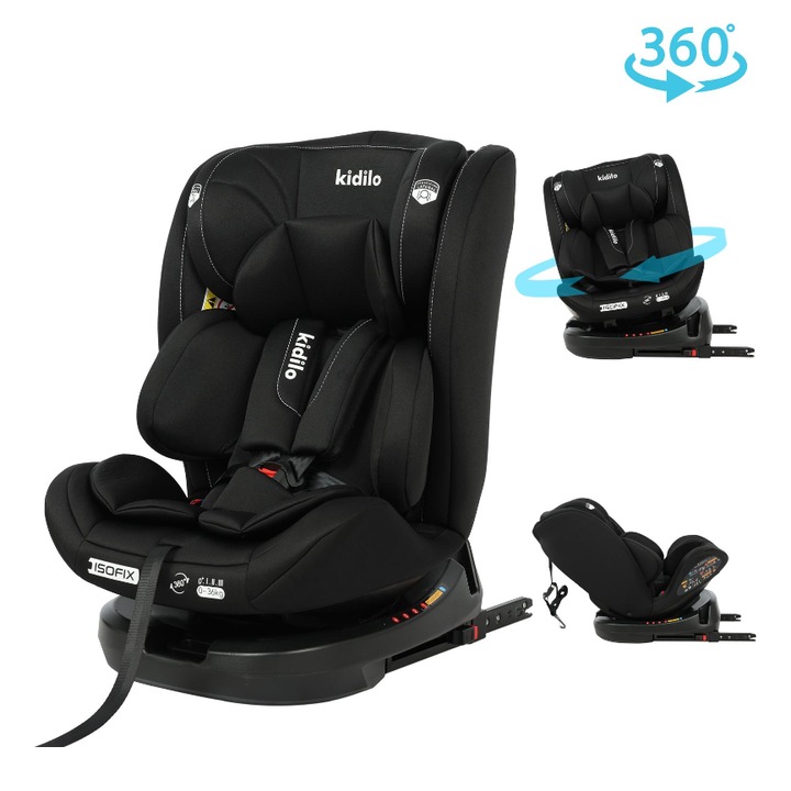 Scaun auto, Kidilo, Cu sezut rotativ 360 grade, Sistem isofix inclus, negru