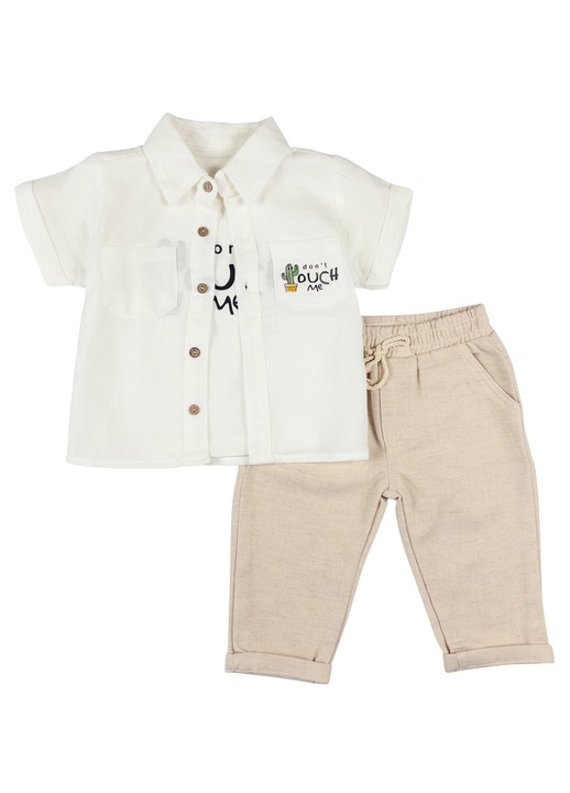 Costumas 3 Piese Baieti, Camasa Alba Cactus si Pantaloni Lungi Bej 10729