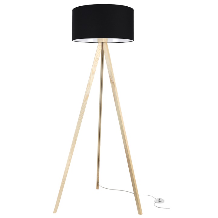 Lampa de podea Light Home LH Trepied natur abajur cilindric negru Ø44 cm soclu E27 ideala pentru living dormitor sau birou