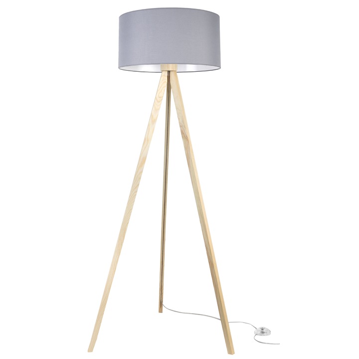 Lampa de podea Light Home LH Trepied natur abajur cilindric gri Ø44 cm soclu E27 ideala pentru living dormitor sau birou