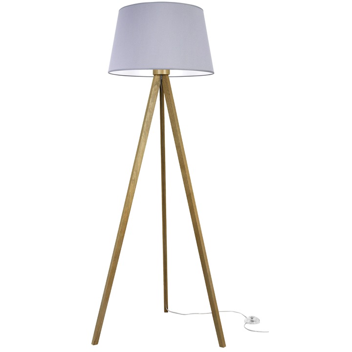 Lampa de podea Light Home LH Trepied stejar abajur conic gri Ø44 cm soclu E27 ideala pentru living dormitor sau birou