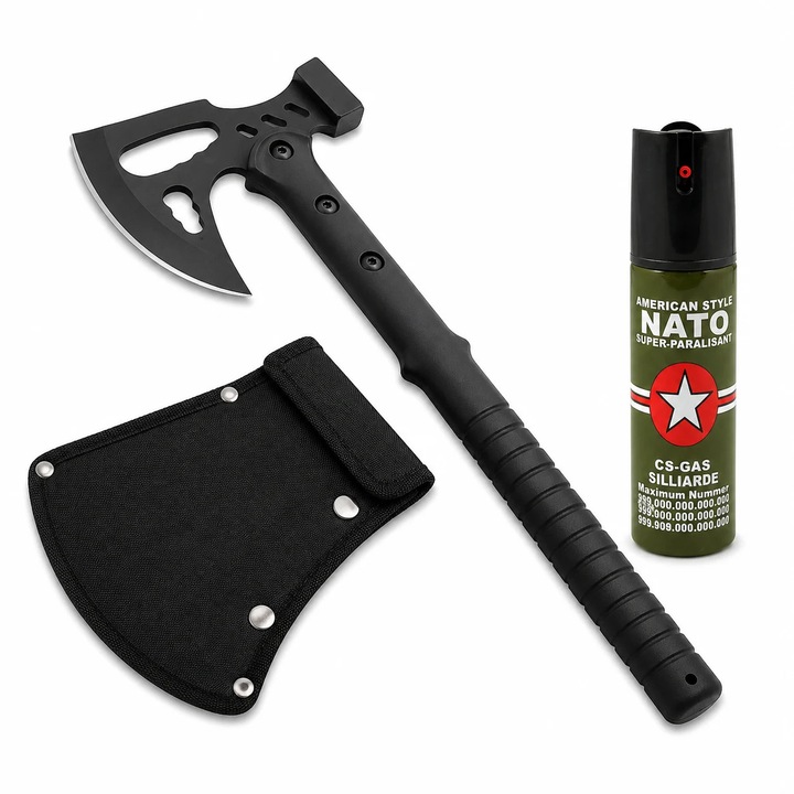 Set topor si spray autoaparare DEPOX®, otel inoxidabil, negru, 42 cm/60 ml, teaca inclusa
