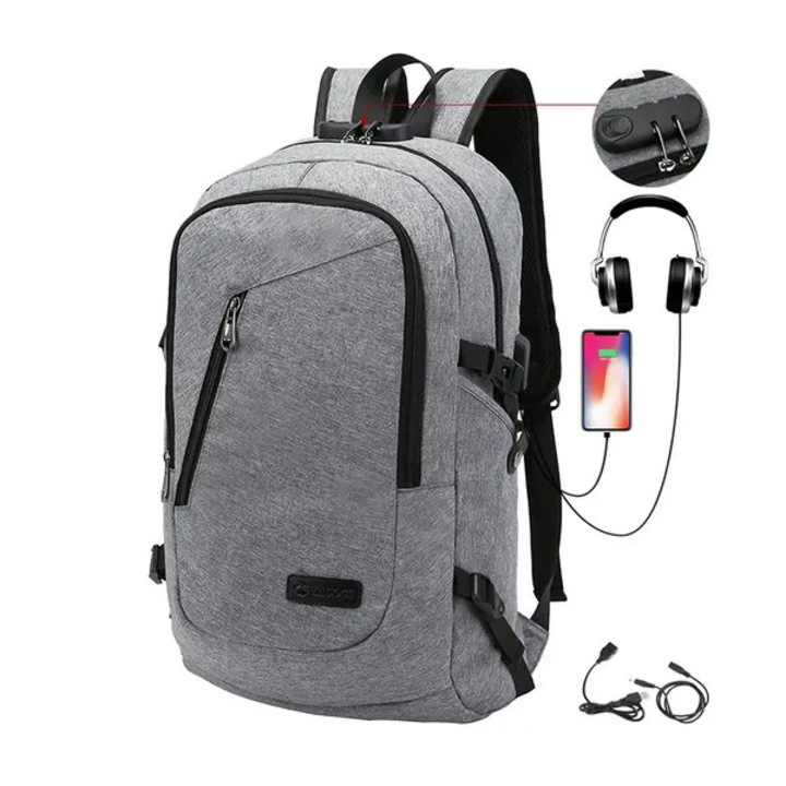 Laptop hátizsák, 48x28x18cm, szürke kék fekete, nagy kapacitású, USB töltés, strapabíró Oxford