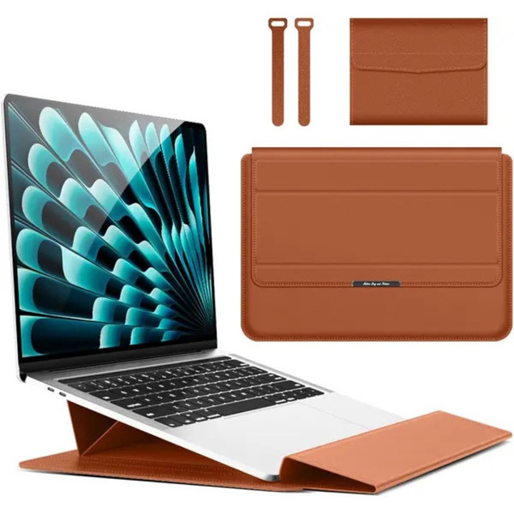 Laptop tok 13-14 hüvelykes, összecsukható állvánnyal, teve színű műbőr, 13x14 hüvelyk