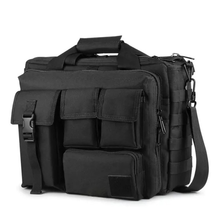 Geanta messenger pentru laptop, poliester rezistent la apa, compartimente multiple cu buzunare frontale si MOLLE, fermoar extensibil, model IZO-CJ-K0502, negru, pentru laptop 15,6"