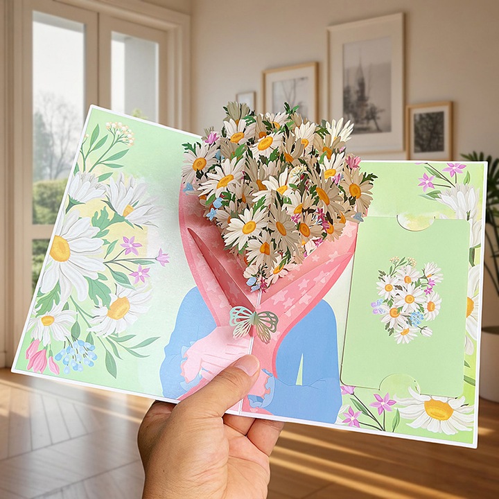 Carte felicitare 3D pop-up flori si fluturi, multicolor, 15x15cm