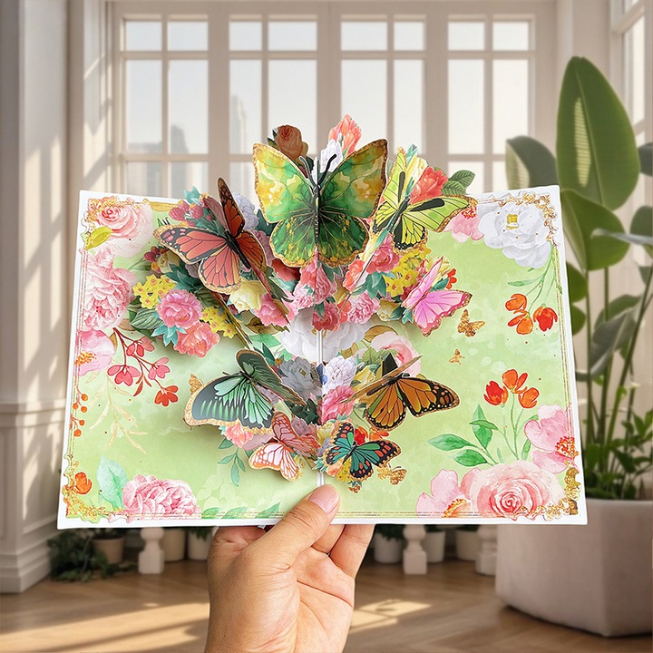 Carte felicitare 3D pop-up flori si fluturi, multicolor, 15x15cm