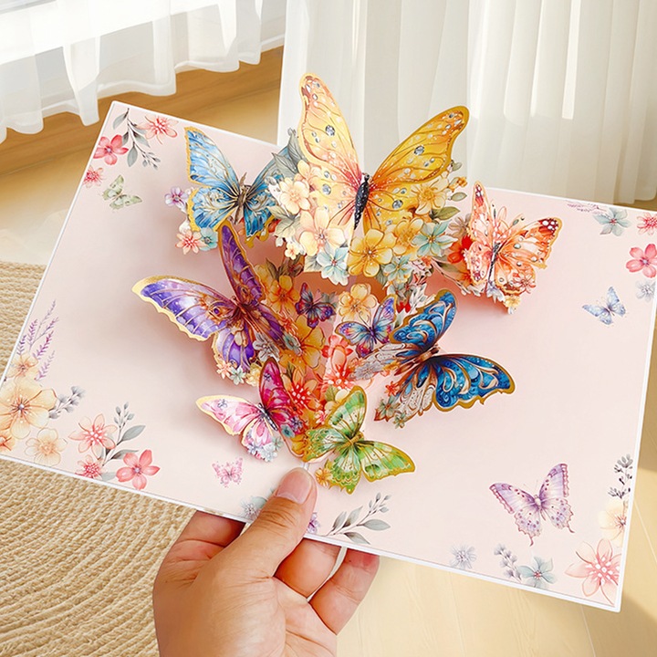 Carte felicitare 3D pop-up flori si fluturi, multicolor, 15x15cm