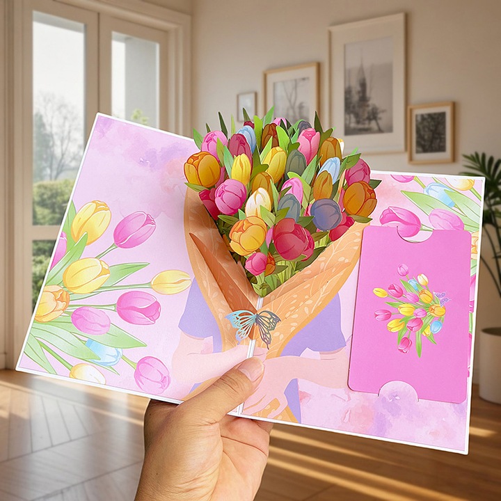 Carte felicitare 3D pop-up flori si fluturi, multicolor, 15x15cm