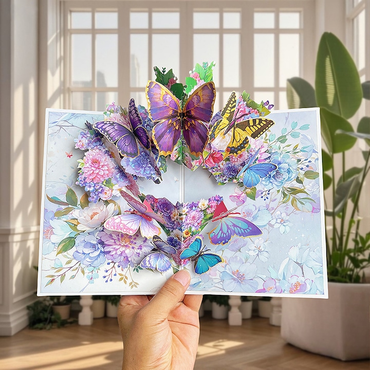 Carte felicitare 3D pop-up flori si fluturi, multicolor, 15x15cm