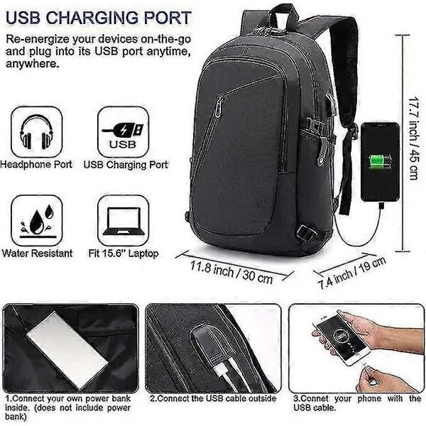 Rucsac laptop antifurt 15.6 inch cu port USB negru 45x30x19cm