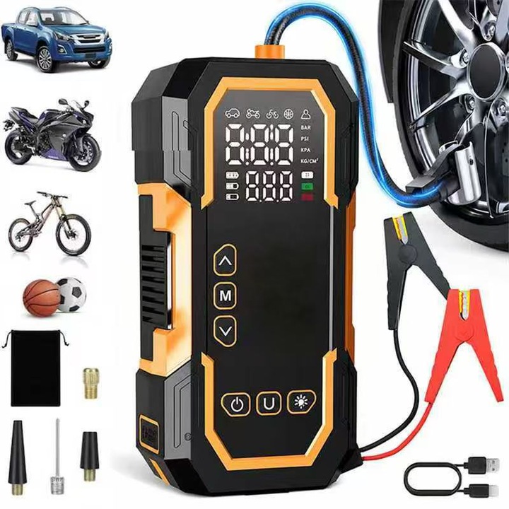 Pompa de aer auto 150PSI, pornire de urgenta 4-in-1, Kit de urgenta 12V benzina 6.0L / motorina 3.0L, reincarcabila, lanterna, afisaj digital LED, acceleratie 4x, 12 caracteristici de siguranta, potrivit pentru masini, motociclete si sporturi cu