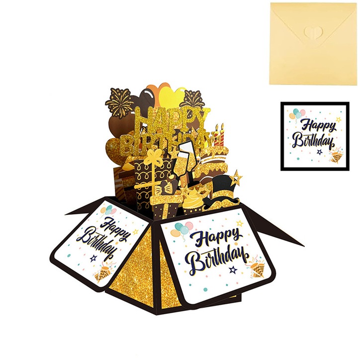 Set 2 felicitari 3D pop-up, handmade, auriu, cu plic