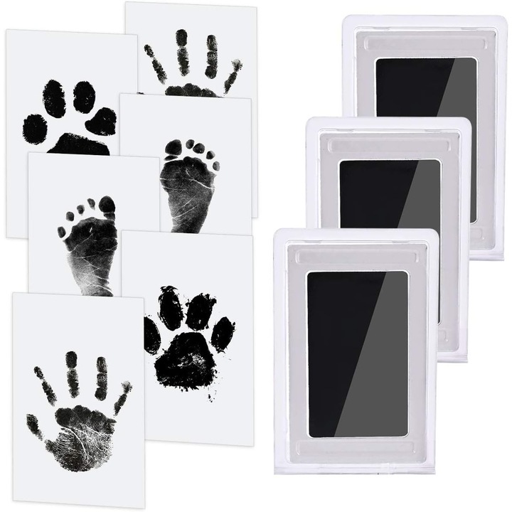 Set amprente maini si picioare bebelusi, 3 tampoane cerneala, 6 carduri, 12x7.5cm
