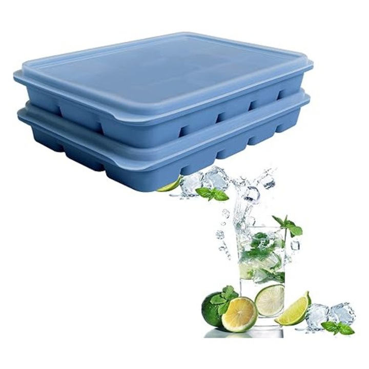Pachet de 2 forme din silicon pentru cuburi de gheata cu capac detasabil, tavi reutilizabile pentru congelator, stivuibile, pentru whisky, mancare pentru bebelusi, (ALBASTRU)