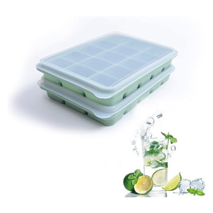 Pachet de 2 forme din silicon pentru cuburi de gheata cu capac detasabil, tavi reutilizabile pentru congelator, stivuibile, pentru whisky, mancare pentru bebelusi, (VERDE)