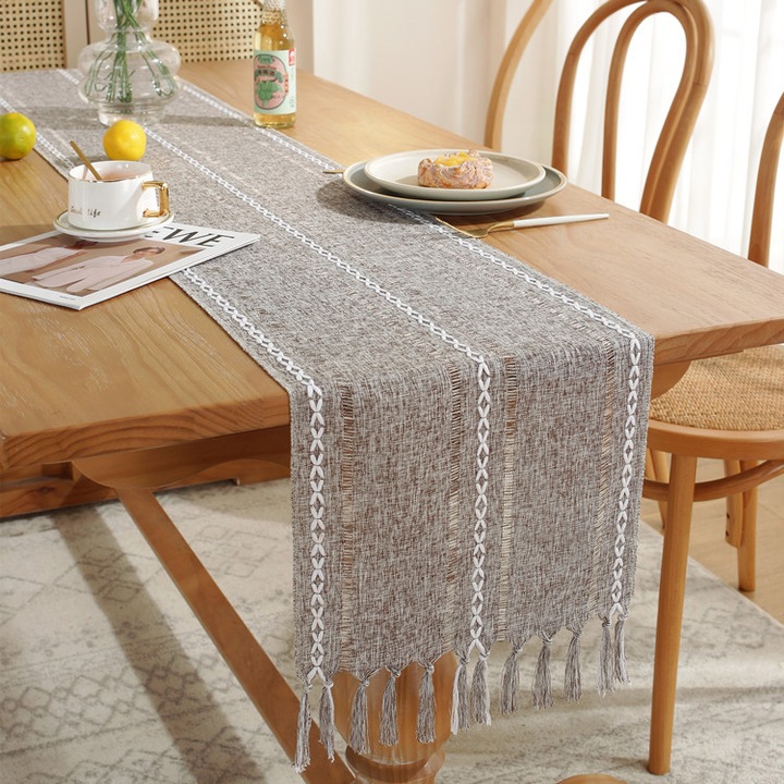 Asztalterítő, boho, krémszínű, 33x228cm, ünnepi dekorációs szett