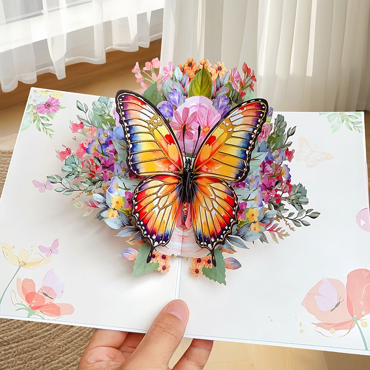 Carte felicitare 3D pop-up flori si fluturi, multicolor, 15x15cm