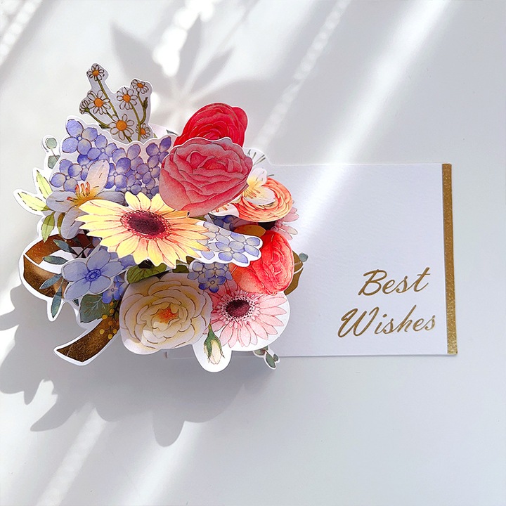 Carte felicitare 3D pop-up flori si fluturi, multicolor, 15x15cm