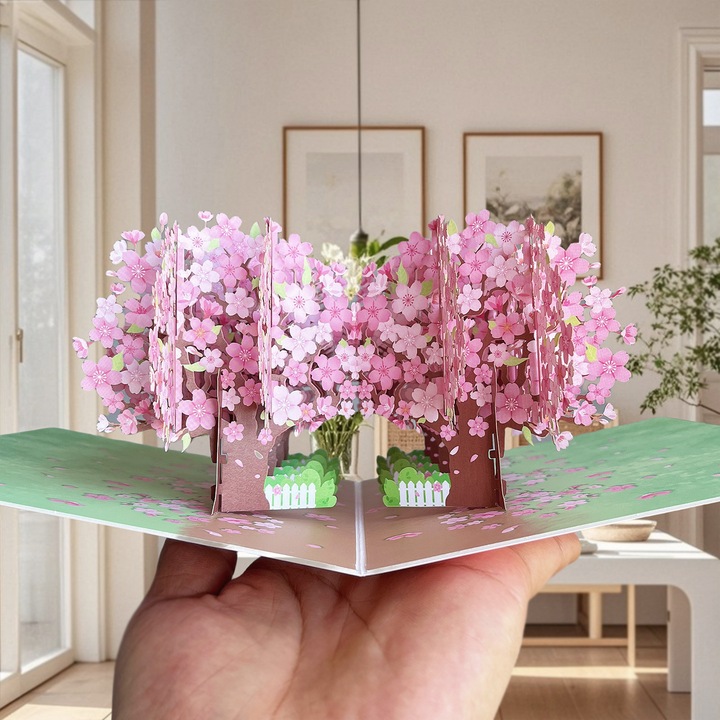 Carte felicitare 3D pop-up flori si fluturi multicolor cu plic