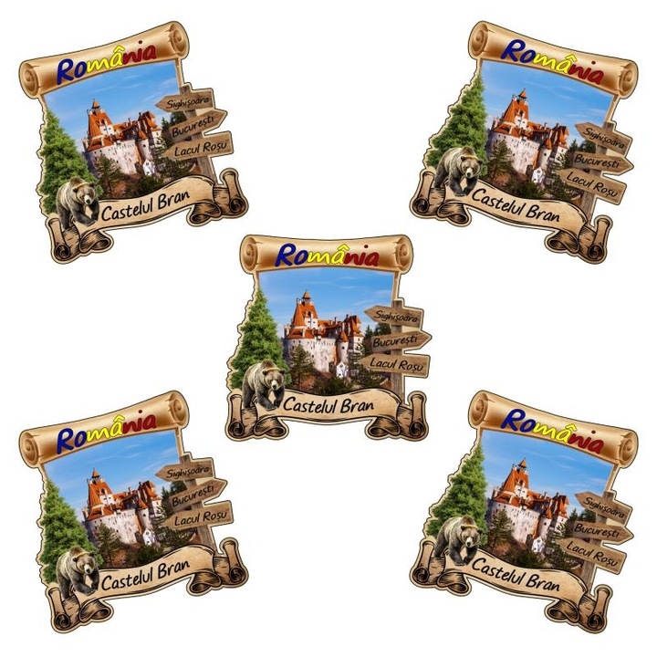5 db fa mágnes szett, Bran kastély, ajándékbolt szuvenír, 80x67mm, 3mm vastagság
