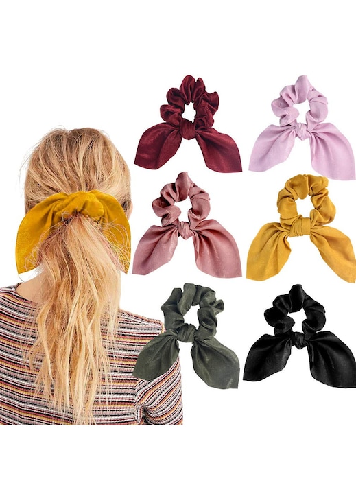 6 buc/set elastice de par pentru femei, elastice, cu model de urechi de iepuras, cu bob, elastice, cu breloc, accesorii pentru coada de cal
