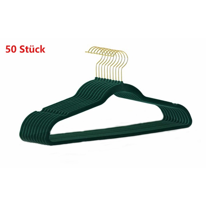 Samt-Kleiderbügel, rutschfest, Filz-Kleiderbügel, ultradünn, platzsparend, goldfarbener 360-Grad-Haken, für Anzüge, Mäntel, Jacken, Hosen, Kleider, 50 Stück, Grün