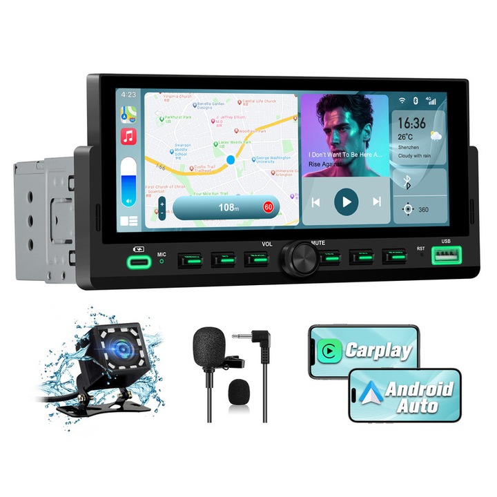 Radio Auto 1 DIN Universal, Hexinex, cu Ecran IPS Tactil de 6.86 inch, Suport Carplay si Android Auto, Navigatie Online, Camera Spate Inclusa, FM, Bluetooth, Comenzi pe Volan, Porturi Type-C si USB, Cu Butoane Fizice