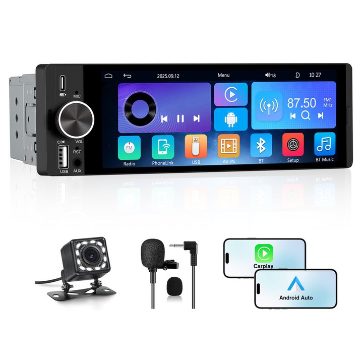 Radio Auto 1 DIN, Hexinex, Universal cu Ecran IPS Tactil de 6.36 inch, Suport Carplay si Android Auto, Navigatie Online, RDS, Camera Spate Inclusa, FM, Bluetooth, Comenzi pe Volan, Porturi Type-C, USB si AUX
