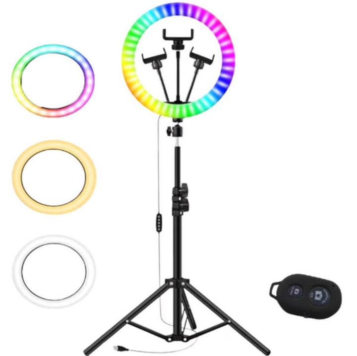 Кръгла лампа Ring Light HOZRO, диаметър 45см/18" LED, RGB многоцветна, USB свързване, регулиране на интензитета, стойка за телефон, Перфектна за Всяка Ситуация, Bluetooth дистанционно управление