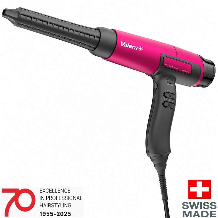 Uscator de par profesional Valera StyleCare AI System 2400 W, Feon, motor digital brushless 10.000 ore, debit aer 90 m3/h, Rotocord, Ionizare, 18 setari de temperatura/viteza, 6 accesorii, manusa termorezistenta, silentios 67 dB(A), 295 g, roz/negru