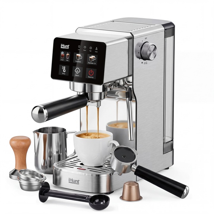 Espressor iHunt Bro Barista Flex 5 in 1, Pompa Ulka 19 Bar, Rezervor 1.2L, Panou Digital Tactil, Sistem Incalzire Termobloc 1350W, Compatibil Cafea Macinata si Capsule, Carcasa din Inox