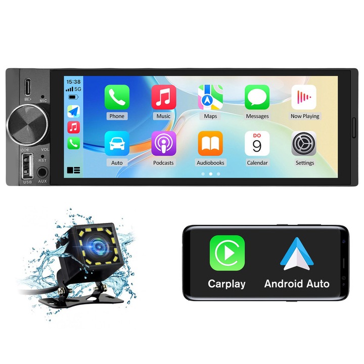 Aparat radio MP5 1 DIN, Hexinex, cu ecran IPS tactil 6.36 inch, compatibil Carplay si Android Auto, navigatie online, camera spate inclusa, FM, Bluetooth, comenzi pe volan, porturi Type‑C, USB si AUX – Universal
