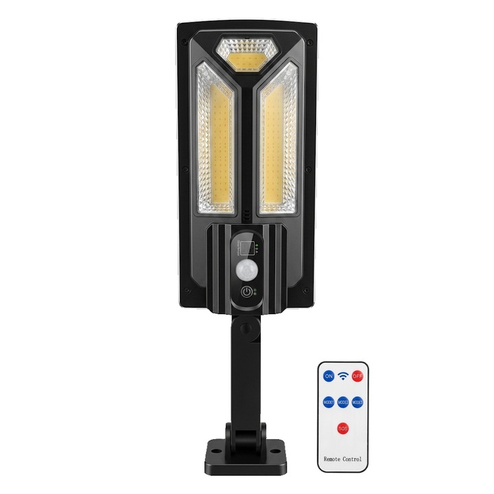 SOSAR napelemes töltésű lámpa, 103 COB LED, hideg fény, mozgás- és fényérzékelő, 3 mód, víz- és időjárásálló, távirányító, 36x11 cm
