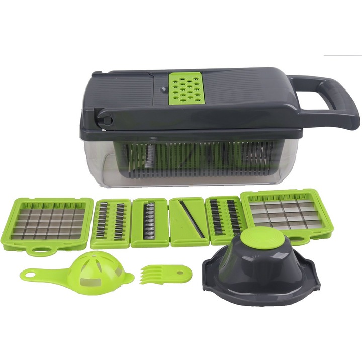 Masina de tocat legume multifunctionala, Mesa Living, 14 in 1 pentru Legume si Fructe, Razatoare, Feliator, Julienne, Recipient Colectare, 32 x 11.5 x 11.5 cm, Verde/Gri