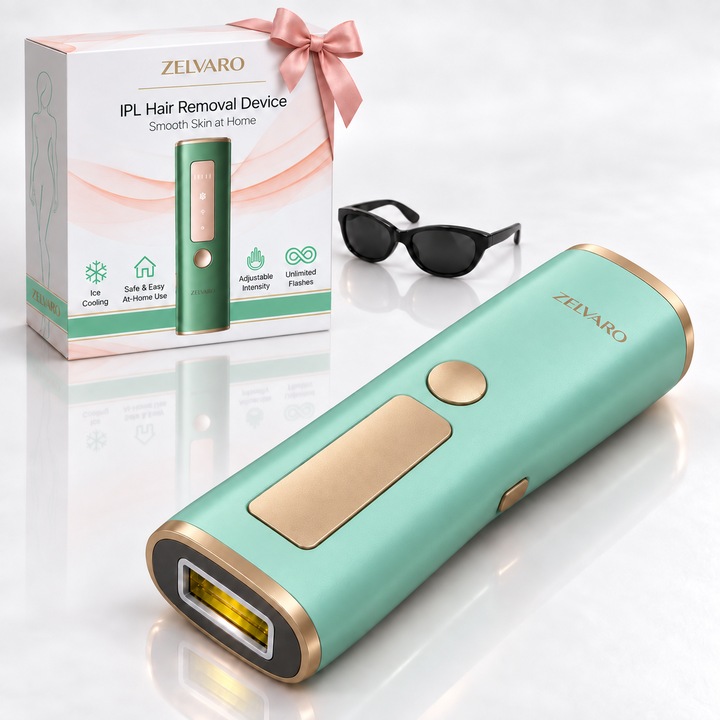 Epilator IPL ZELVARO® Racire Activa, Aparat Epilare Definitiva Acasa Ice Cooling, 5 Trepte de Intensitate, Mod Automat& Manual, Epilator Femei&Barbati, Tehnologia Lumina Intens Pulsata, Set Ochelari si Lama, epilator Axila, Inghinal, Brate, Corp, Picioare
