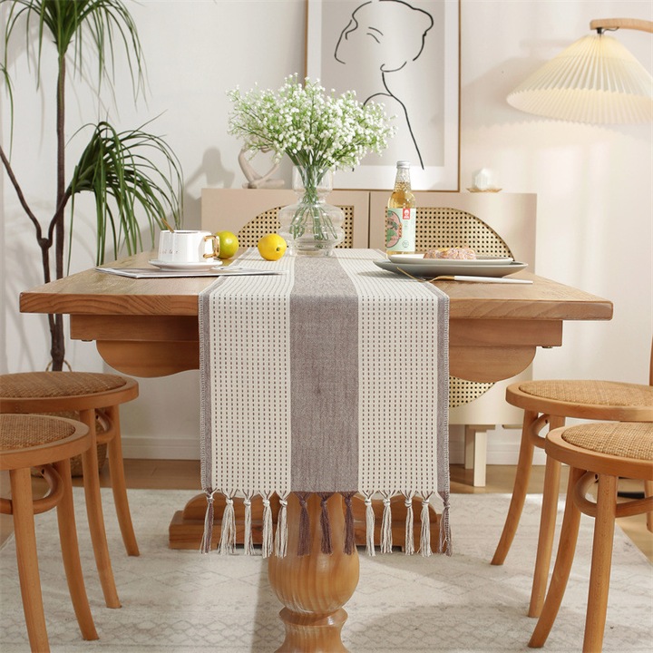 Feta terítő, bohó, krémszínű, 33x143cm, bojtokkal, mosható