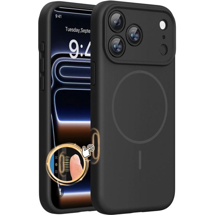 Husa Magnetica pentru iPhone 17 Pro Max de 6, 9 inci, MOGU, Carcasa MagSafe Incarcare Wireless, Protectie Integrata din Silicon pentru Butoanele Camerei, Soft Silicone Lichid Cu Interior Microfibra, Rezistenta la Socuri, Ultra Slim, Negru