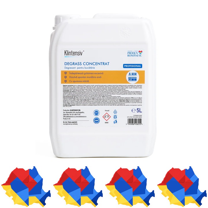 Degresant profesional Klintensiv DEGRASS, concentrat alcalin pentru cuptoare, grill-uri, plite, friteuze si echipamente HoReCa, utilizare manuala sau cu spumator, canistra 5 L, 4x Stickere