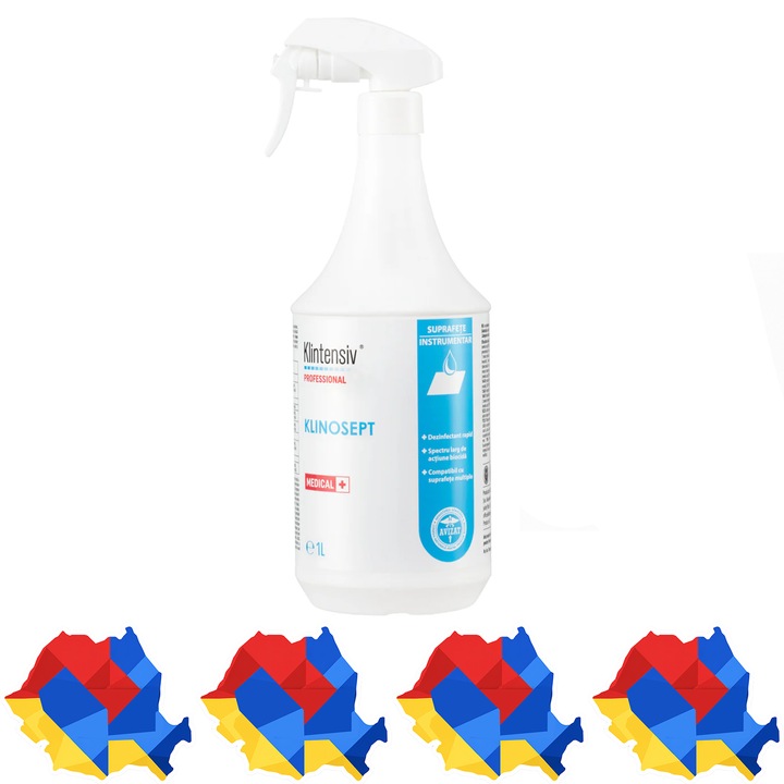 Dezinfectant profesional suprafete Klinosept Klintensiv, 85% etanol, actiune rapida, pentru spitale, clinici, ambulante, echipamente medicale si spatii cu trafic intens, aviz biocid, 1 L, 4x Sticker