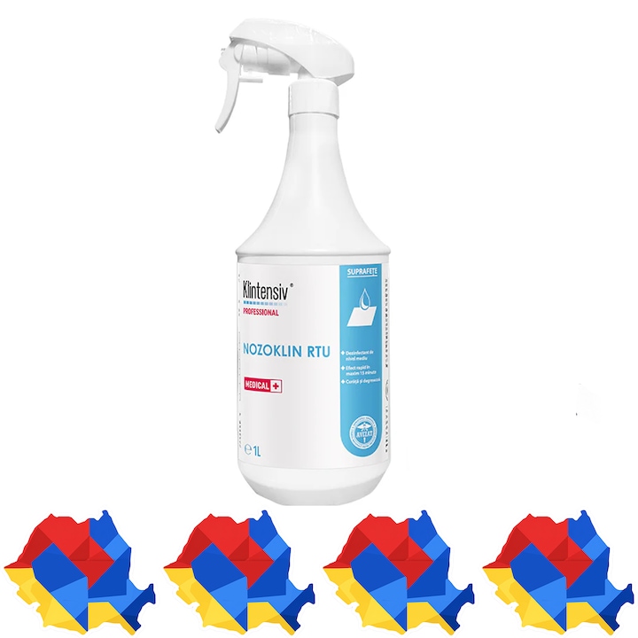 Dezinfectant profesional suprafete Nozoklin RTU Klintensiv, gata de utilizare, spectru larg, bactericid, levuricid, fungicid si virucid, peste 98% biodegradabil, aviz biocid, 1 L, 4x Stickere