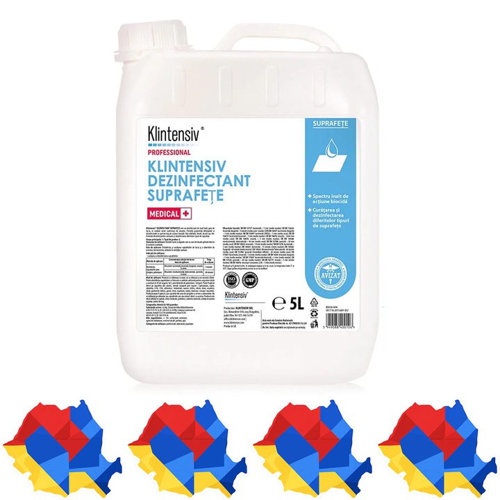 Dezinfectant profesional suprafete si pavimente Klintensiv Professional RTU, spectru larg, bactericid, virucid, fungicid, micobactericid si sporicid, canistra 5 L, 4x Stickere