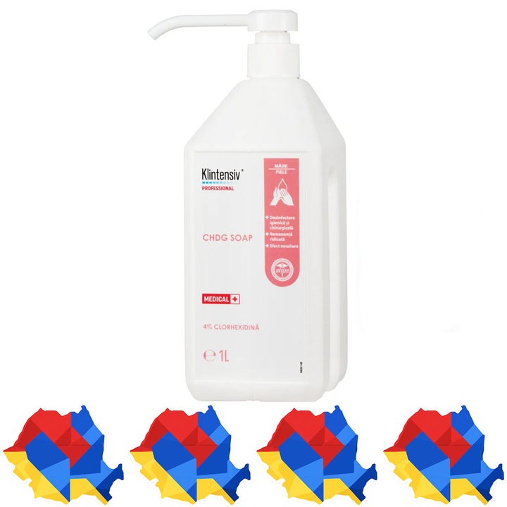 Sapun profesional igienic si chirurgical Klintensiv CHDG Soap, cu clorhexidina 4%, pentru dezinfectarea mainilor, corpului si pregatirea preoperatorie a pielii, 1 L, 4x Sticker
