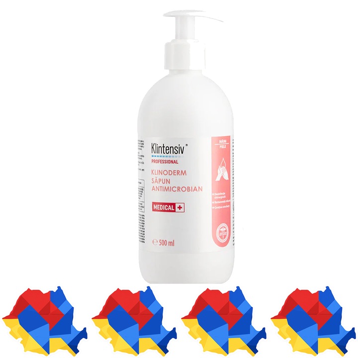 Sapun dezinfectant profesional Klintensiv Klinoderm, cu 1, 5% Bifenil-2-ol si 1% 2-Fenoxietanol, pentru maini si corp, bactericid, levuricid, virucid si micobactericid, 500 ml, 4x Stickere