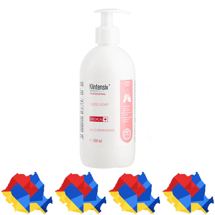 Sapun dezinfectant profesional Klintensiv CHDG Soap, cu clorhexidina digluconat 4%, igienic si chirurgical, bactericid, levuricid si virucid, pentru maini, corp si scalp, 500 ml, 4x Stickere